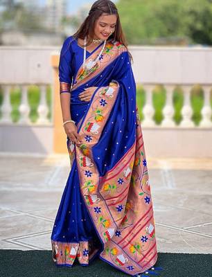 Blue woven design zari silk blend designer paithani saree 3