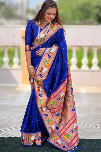 Blue woven design zari silk blend designer paithani saree