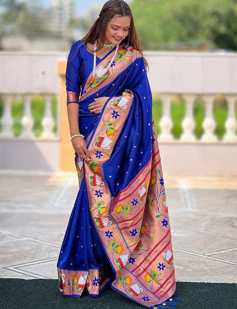 Blue woven design zari silk blend designer paithani saree