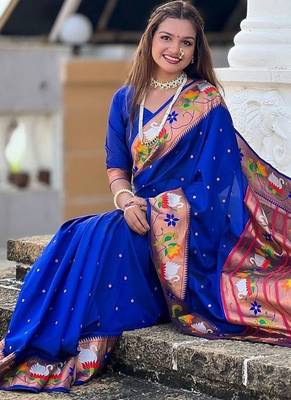 Blue woven design zari silk blend designer paithani saree 4