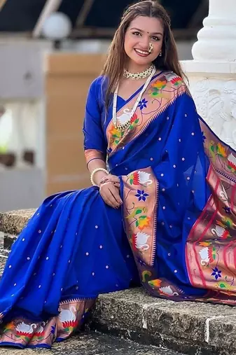 Blue woven design zari silk blend designer paithani saree
