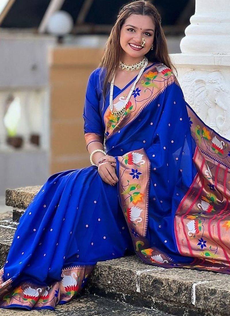 Blue woven design zari silk blend designer paithani saree