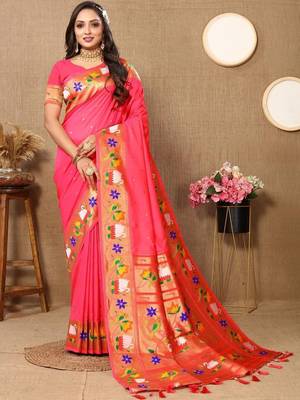 Pink floral woven design zari paithani saree 1