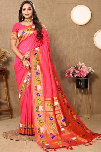 Pink floral woven design zari paithani saree