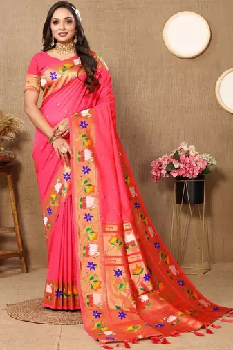 Pink floral woven design zari paithani saree