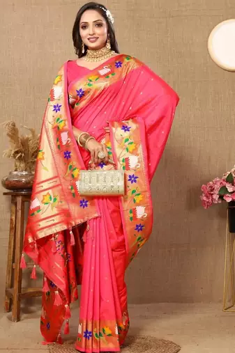 Pink floral woven design zari paithani saree