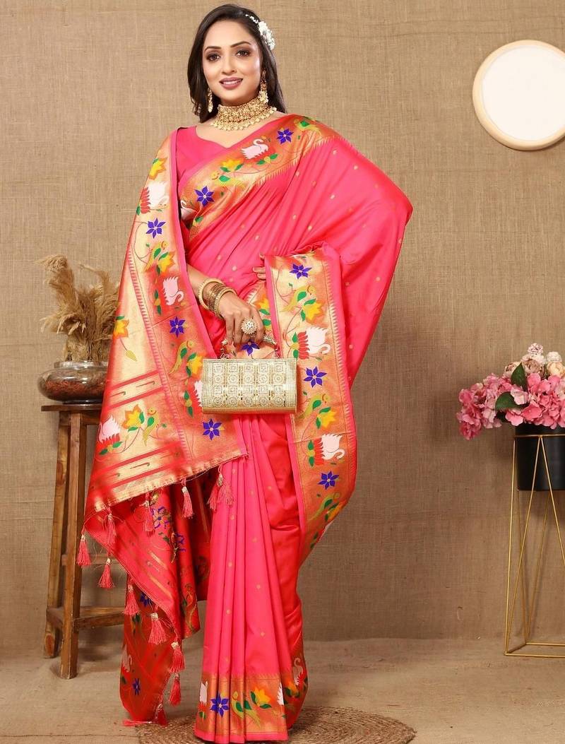 Pink floral woven design zari paithani saree