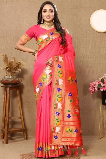 Pink floral woven design zari paithani saree