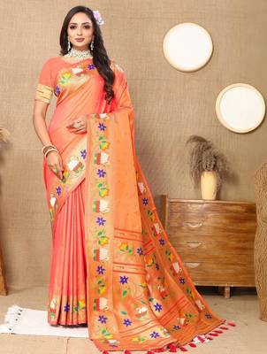 Peach floral woven design zari paithani saree 1