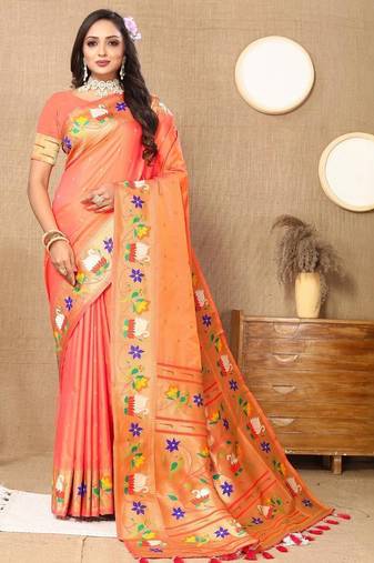 Peach floral woven design zari paithani saree