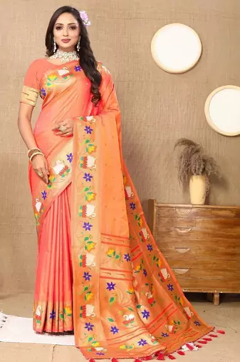 Peach floral woven design zari paithani saree