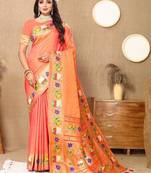 Peach floral woven design zari paithani saree