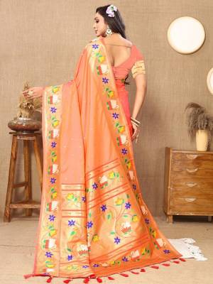 Peach floral woven design zari paithani saree 2