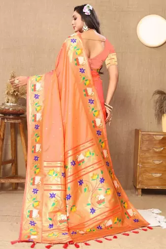 Peach floral woven design zari paithani saree
