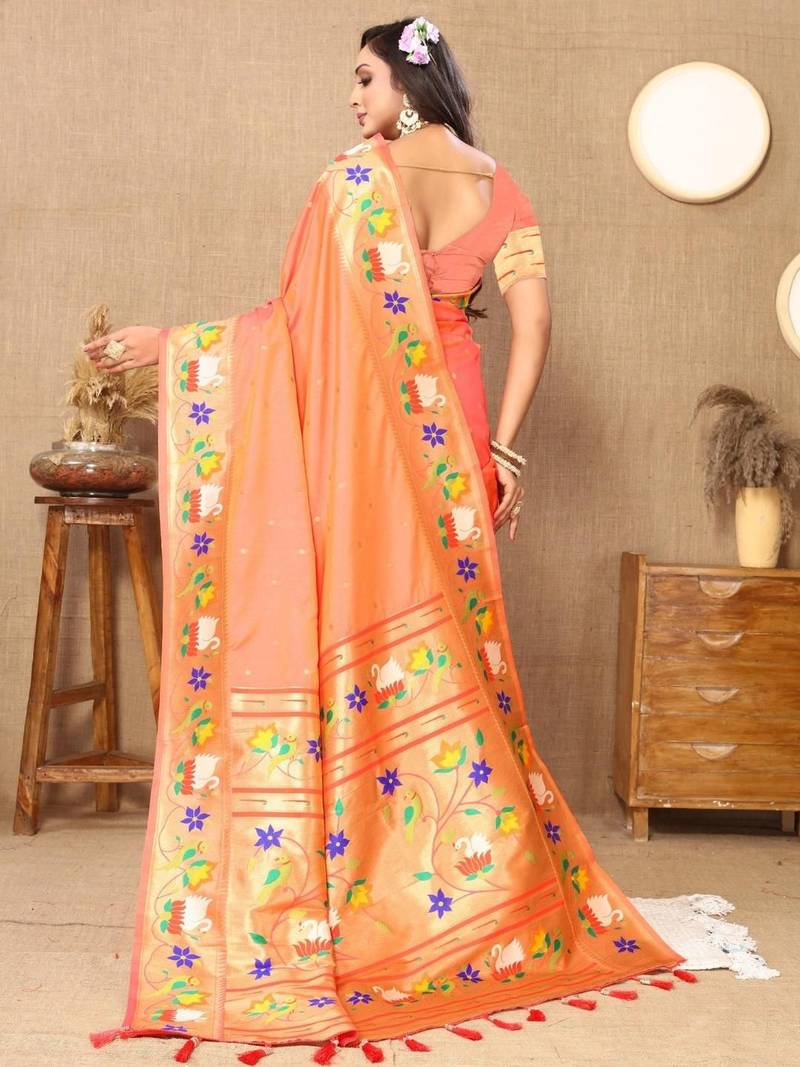 Peach floral woven design zari paithani saree