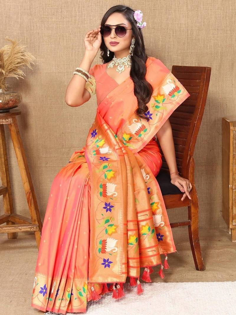 Peach floral woven design zari paithani saree
