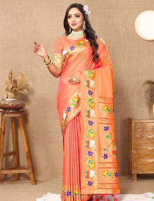 Peach floral woven design zari paithani saree 4