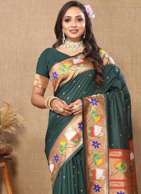 Green woven design zari paithani saree 4