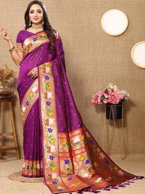 Purple woven design zari silk blend designer paithani saree 1