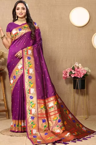 Purple woven design zari silk blend designer paithani saree