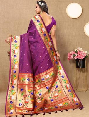 Purple woven design zari silk blend designer paithani saree 2