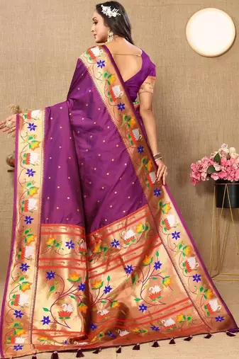 Purple woven design zari silk blend designer paithani saree