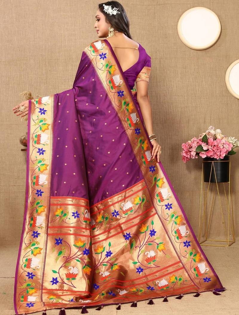 Purple woven design zari silk blend designer paithani saree