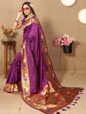 Purple woven design zari silk blend designer paithani saree 3