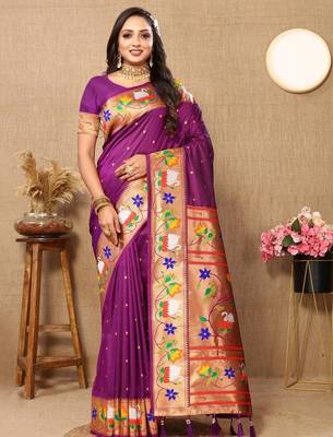 Purple woven design zari silk blend designer paithani saree 4