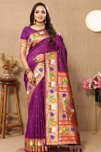 Purple woven design zari silk blend designer paithani saree