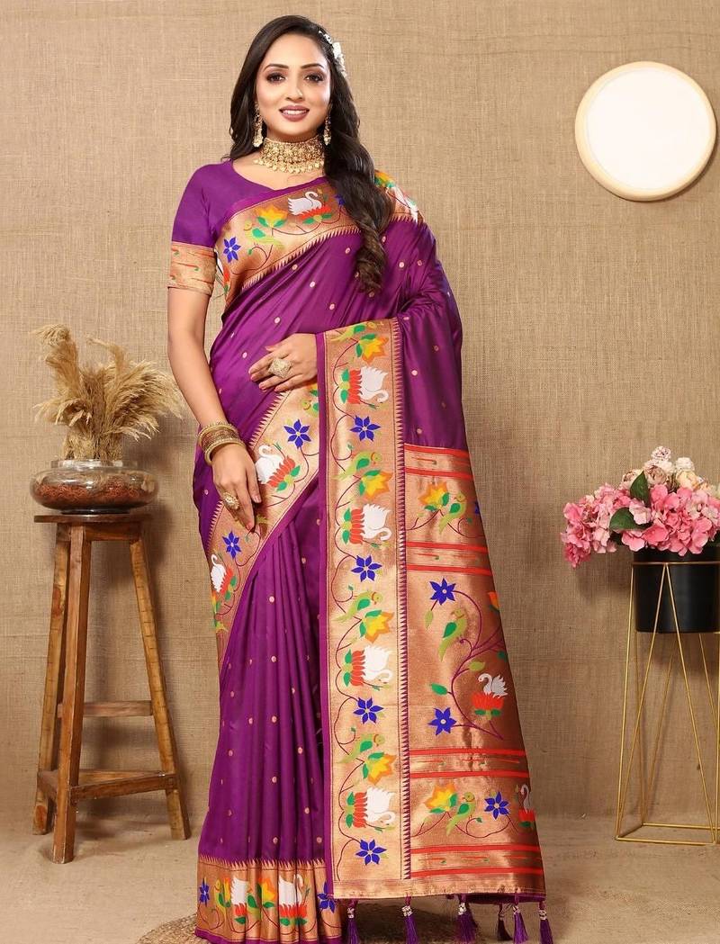Purple woven design zari silk blend designer paithani saree