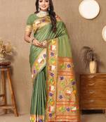 Green floral woven design zari paithani saree