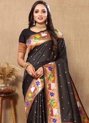Black woven design zari silk blend paithani saree 1