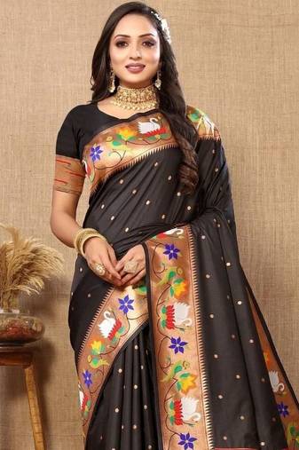 Black woven design zari silk blend paithani saree