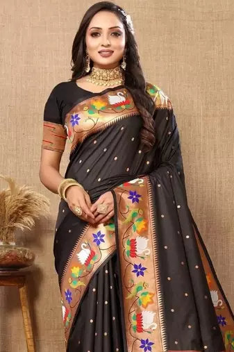 Black woven design zari silk blend paithani saree