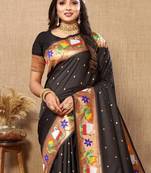 Black woven design zari silk blend paithani saree