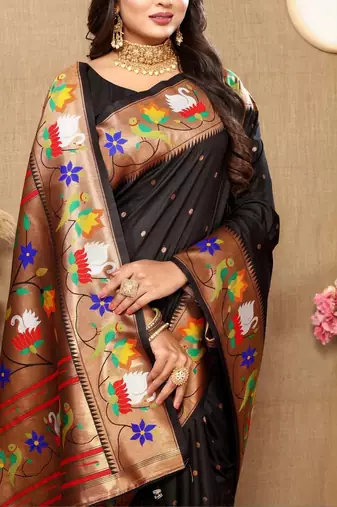 Black woven design zari silk blend paithani saree