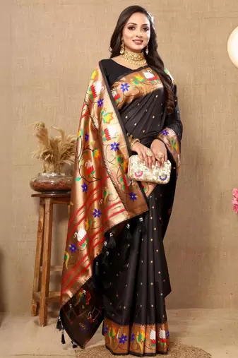 Black woven design zari silk blend paithani saree