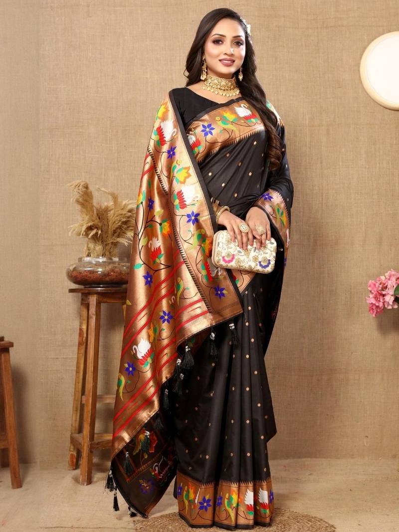 Black woven design zari silk blend paithani saree