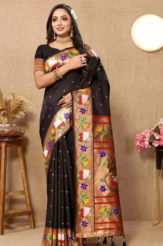 Black woven design zari silk blend paithani saree