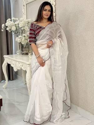 White embroidered silk blend designer saree 1