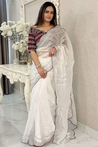 White embroidered silk blend designer saree