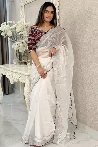 White embroidered silk blend designer saree
