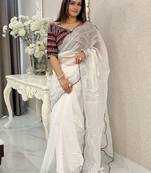 White embroidered silk blend designer saree