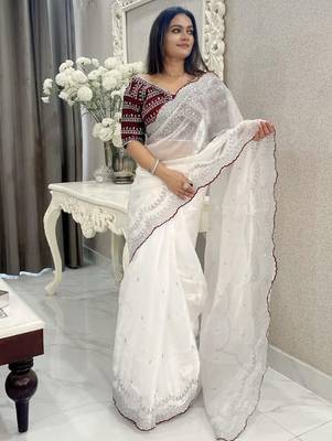 White embroidered silk blend designer saree 2