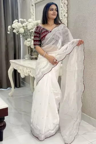 White embroidered silk blend designer saree