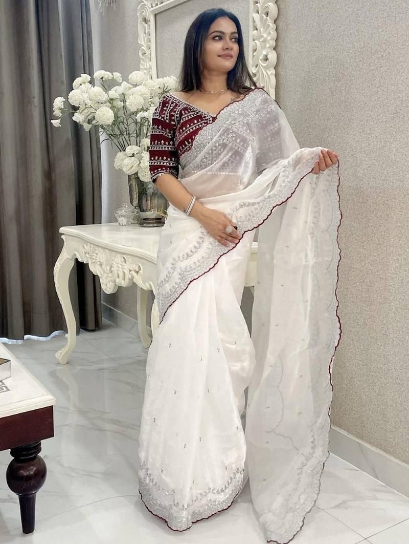 White embroidered silk blend designer saree