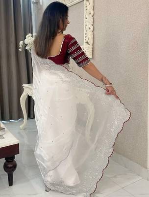 White embroidered silk blend designer saree 3