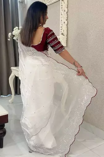 White embroidered silk blend designer saree