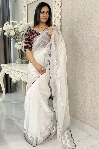 White embroidered silk blend designer saree